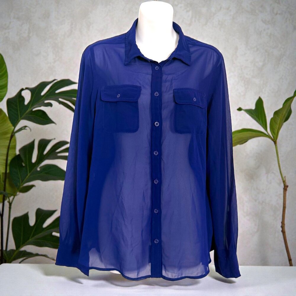 American Eagle Outfitters Sheer Cobalt Blouse | Button Front | Size M - Picture 2 of 10